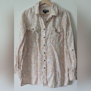Lands' End 100% Linen Tunic Shirt Tropical Tan & White Roll Up Sleeves